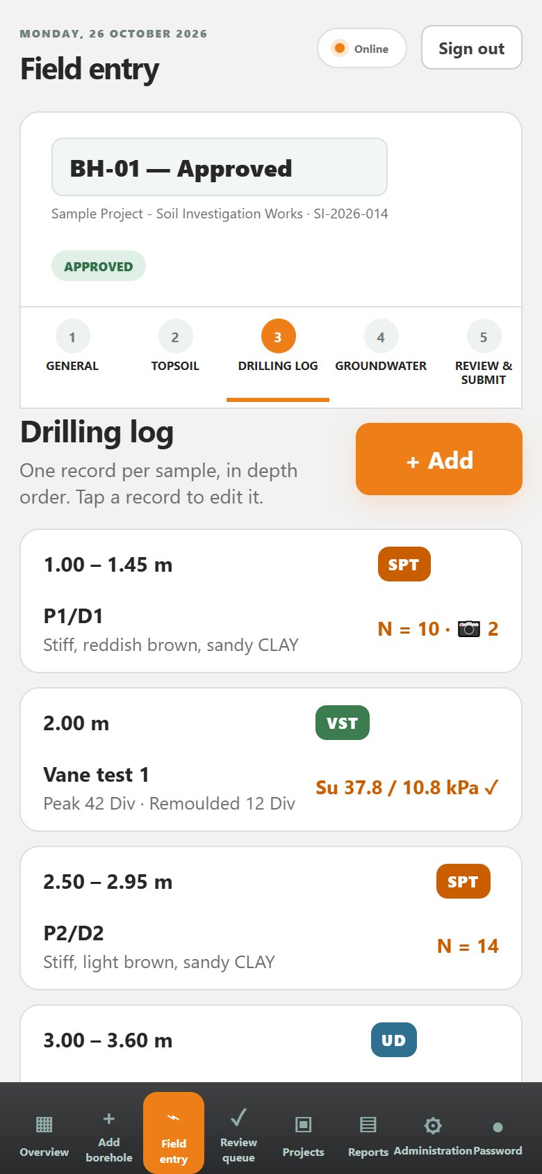 GeoSI-Log drilling log on a phone (sample data)